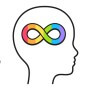 Ein Kopf von der Seite. Darin ist eine auf der Seite liegende Acht mit bunten Regenbogenfarben (Symbol für Neurodiversität)